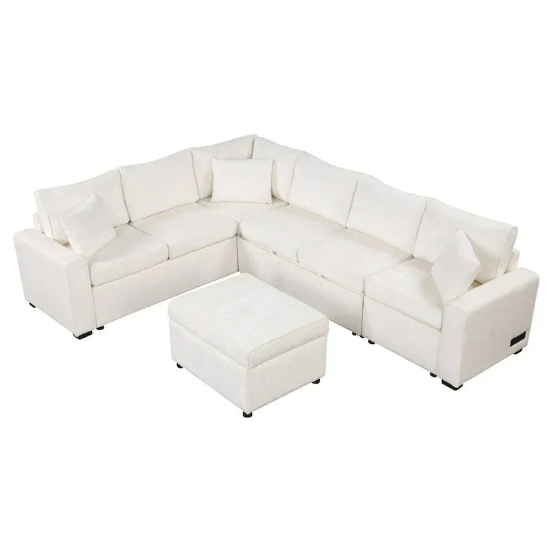 Chenille Sectional Sofa Pull-out Sofa Bed, L-Shape Sleeper Sofa with Storage Ottoman, 3 Pillows and Charging Devices