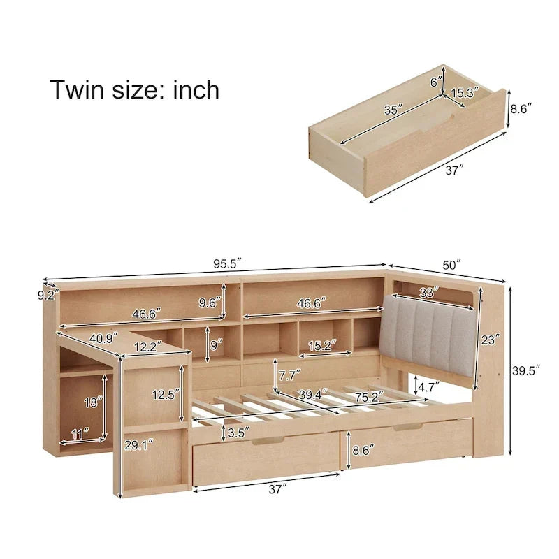 L-förmiges Holz-Sofa-Tagesbett mit Schreibtisch, Bücherregal-Schrank, Eckbett mit Schubladen unter dem Bett, gepolstertem Kopfteil und integrierter Beleuchtung