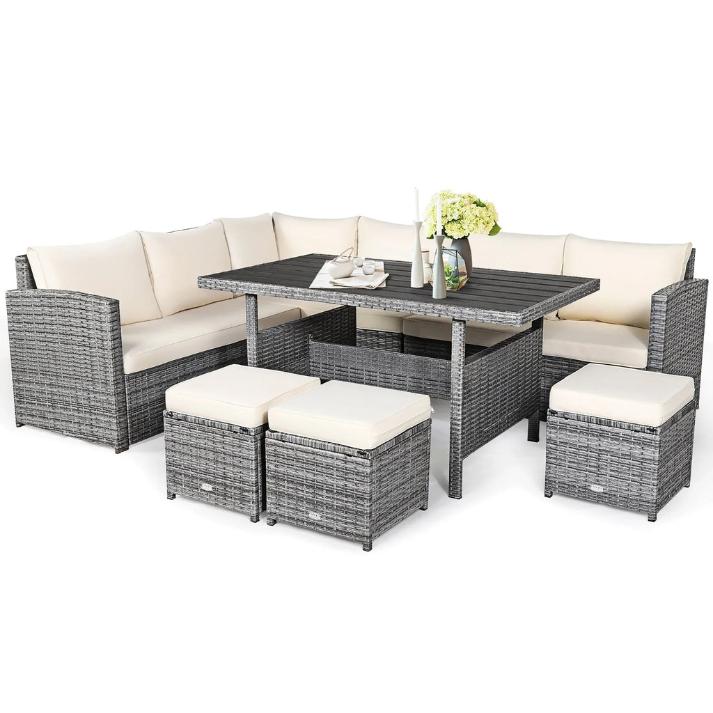 Costway 7-delige eethoek voor de patio van rotan, modulaire bank, fauteuil en voetenbank - Bekijk de details