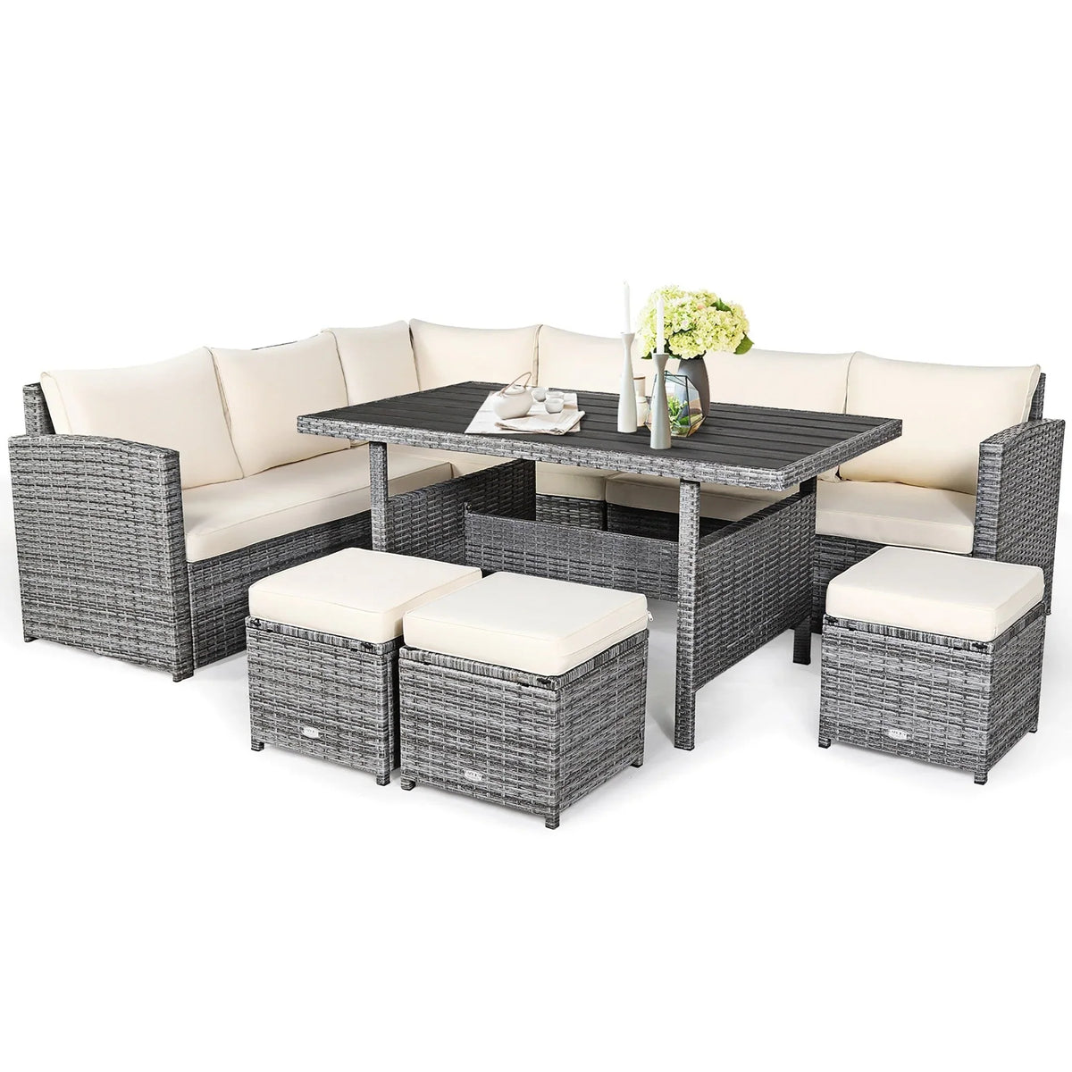 Costway 7-delige eethoek voor de patio van rotan, modulaire bank, fauteuil en voetenbank - Bekijk de details