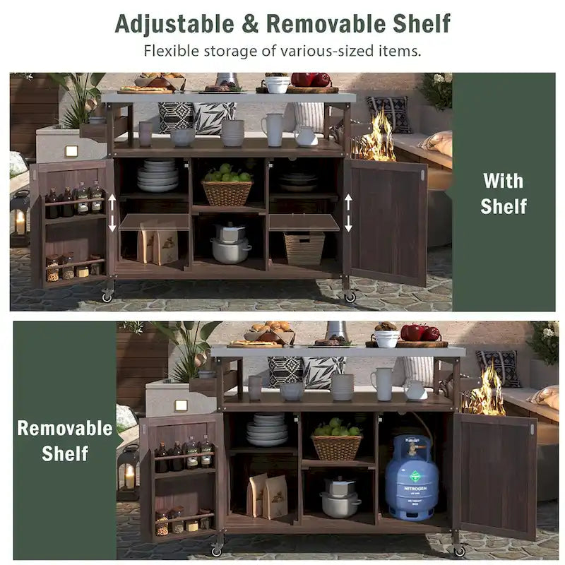 Isla de cocina para exteriores, carrito de bar con ruedas y gabinete de almacenamiento, mesa para parrilla de madera maciza con superficie de acero inoxidable, especiero y toallero