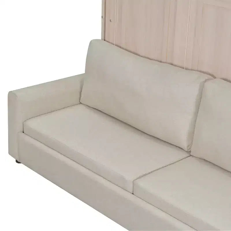 Murphy-bed in queensize met bank, houten kastbed in queensize met ledverlichting, opklapbaar wandbed voor de logeerkamer, beige
