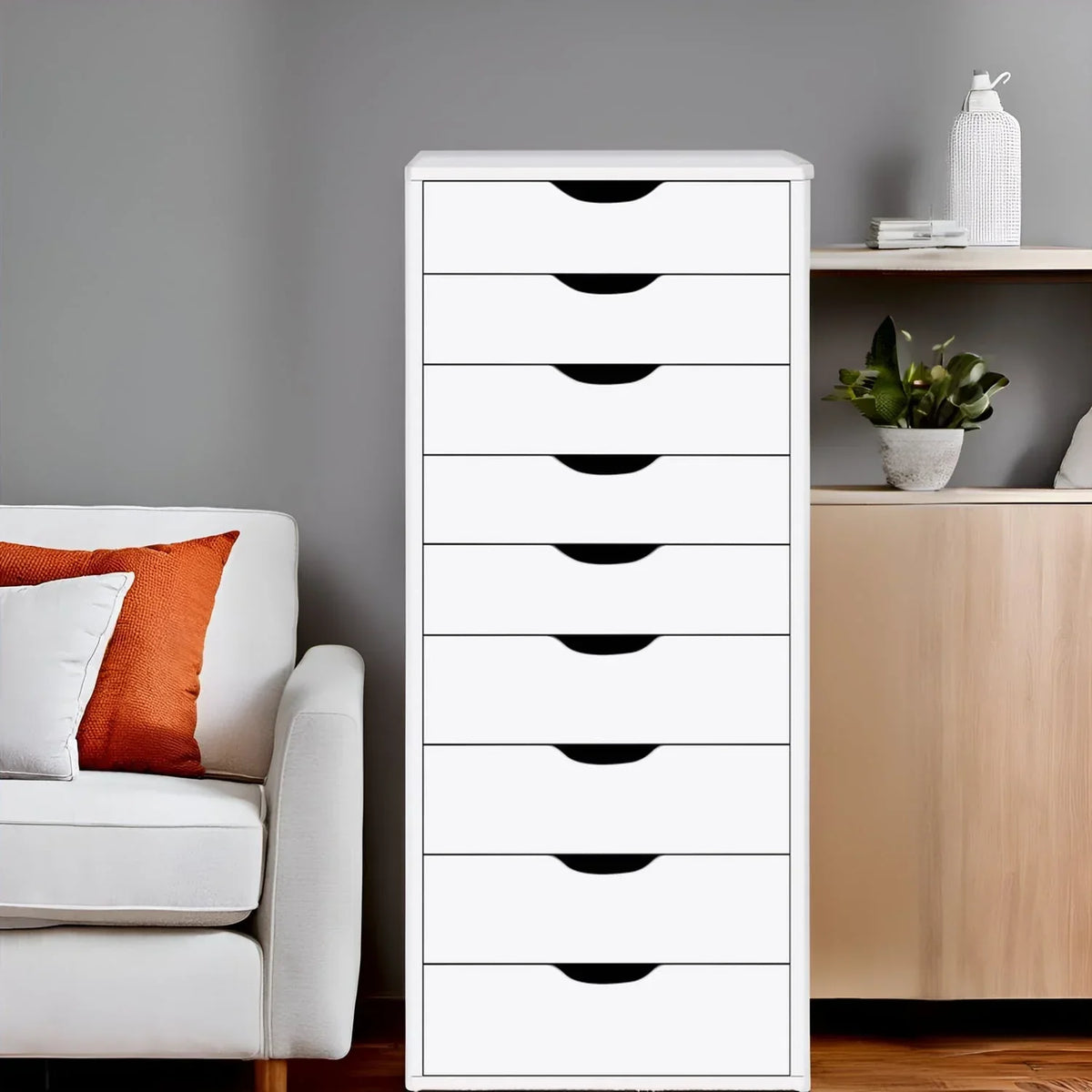 Smalle houten kast met 9 laden, soepel glijdende laden en bovenste opbergplank