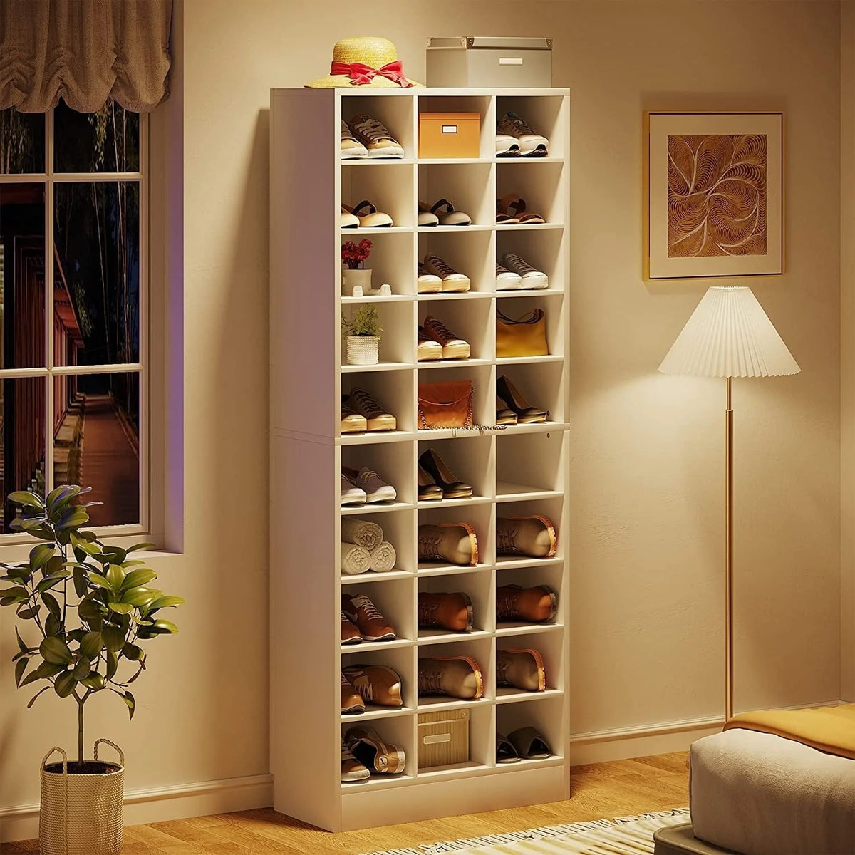 Hoge schoenenkast voor 30 paar schoenen, 10 etages, wit houten schoenenrek voor kledingkast en hal - 10 etages