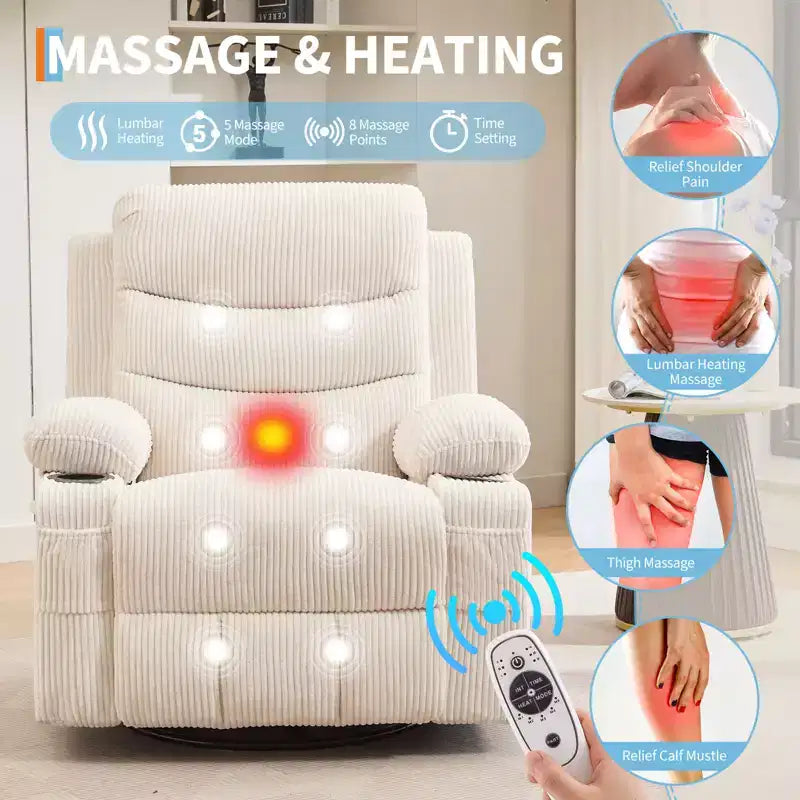 Draaibare relaxfauteuil met massage en warmte, 360°-schommelstoel met bekerhouders en zijvakken, ergonomische loungestoel voor woonkamer, camper en babykamer