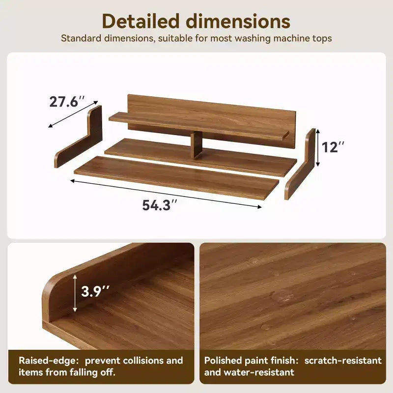 Houten opzetblad voor wasmachine en droger, 54 inch aanrechtblad voor de wasruimte met opbergplank met 2 niveaus, antislip werkoppervlak met opstaande randen voor een georganiseerde wasruimte