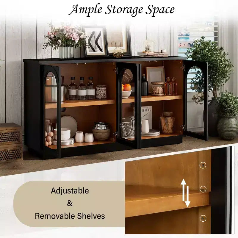 Grande buffet contenitore a 4 ante con ante in vetro, mobile ad arco con ripiani regolabili per la cucina