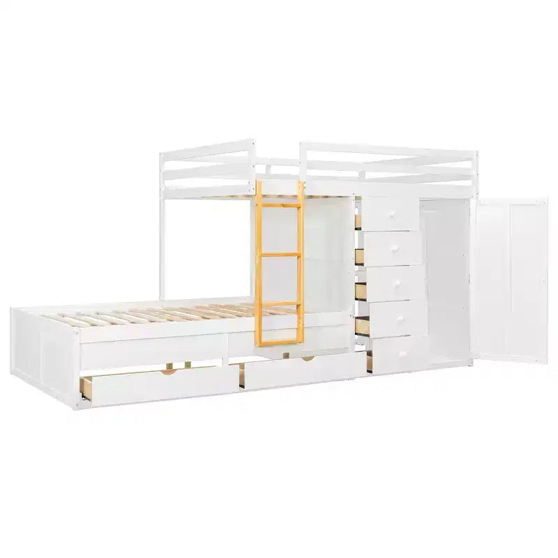 Full over Full Bunk Bed with Storage Wardrobe and Drawers, Full Size Wood Space-Saving Bunk Bed with Guardrail for Apartment, Bedroom