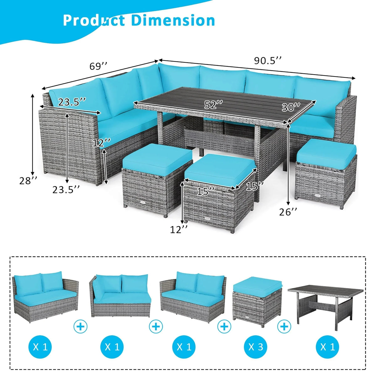 Costway 7-delige eethoek voor de patio van rotan, modulaire bank, fauteuil en voetenbank - Bekijk de details
