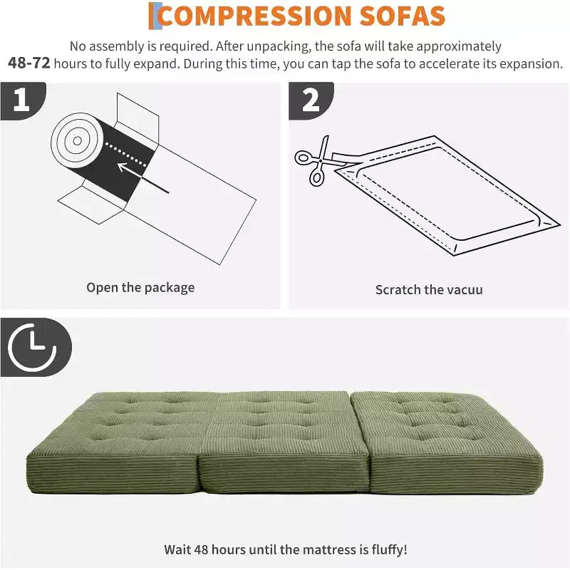 SunnyFurn 15,2 cm dreifach faltbares Matratzen-Sofa-Bett, 190,5 x 138 cm großes faltbares Schaumstoff-Gästebett mit Cordbezug und Knopfsteppung, tragbar für Camping, Wohnzimmer und Schlafzimmer