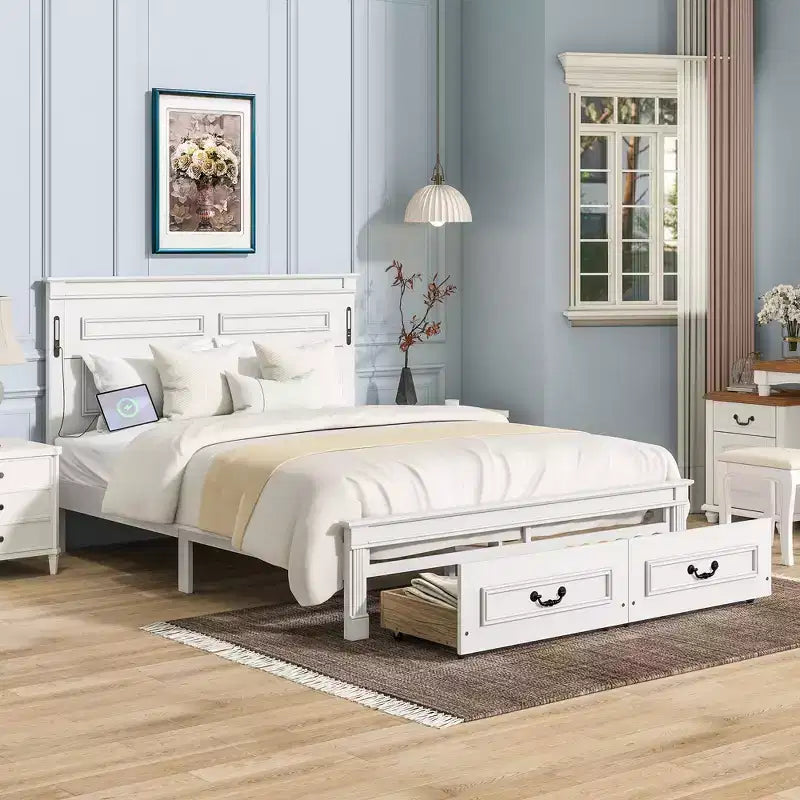 ModernLuxe platformbed voor eenpersoons- of tweepersoonsformaat met hoog hoofdbord, rustiek houten bedframe met 2 laden, ledverlichting en USB-poorten