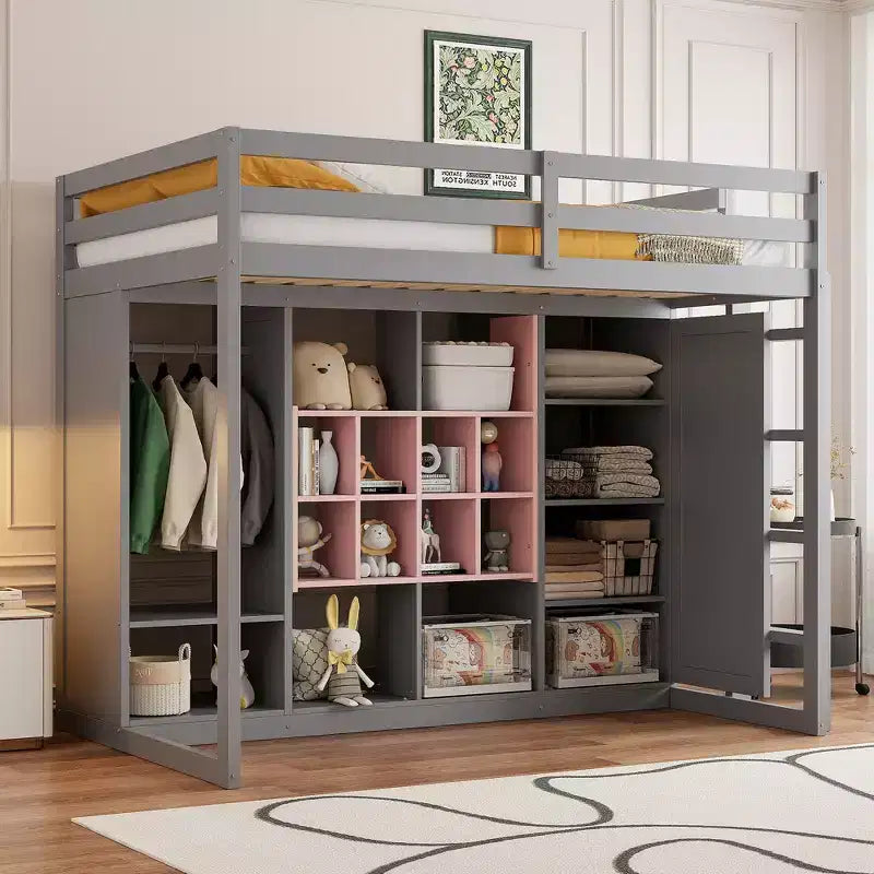 Letto a soppalco per bambini con armadio e mensole, struttura letto a soppalco in legno con mobile contenitore per bambini e ragazzi