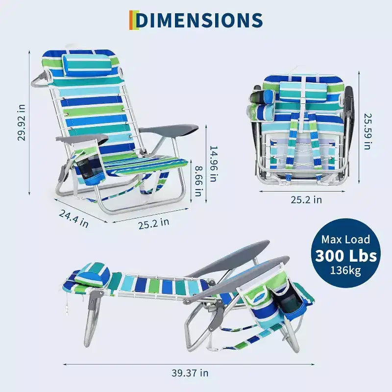Acekool 2 Pack Lightweight Backpack Beach Chair, 5 Position Foldable Lay Flat Chair for Adults with Straps, Cup Holder & Towel Bar, Supports 300 lbs