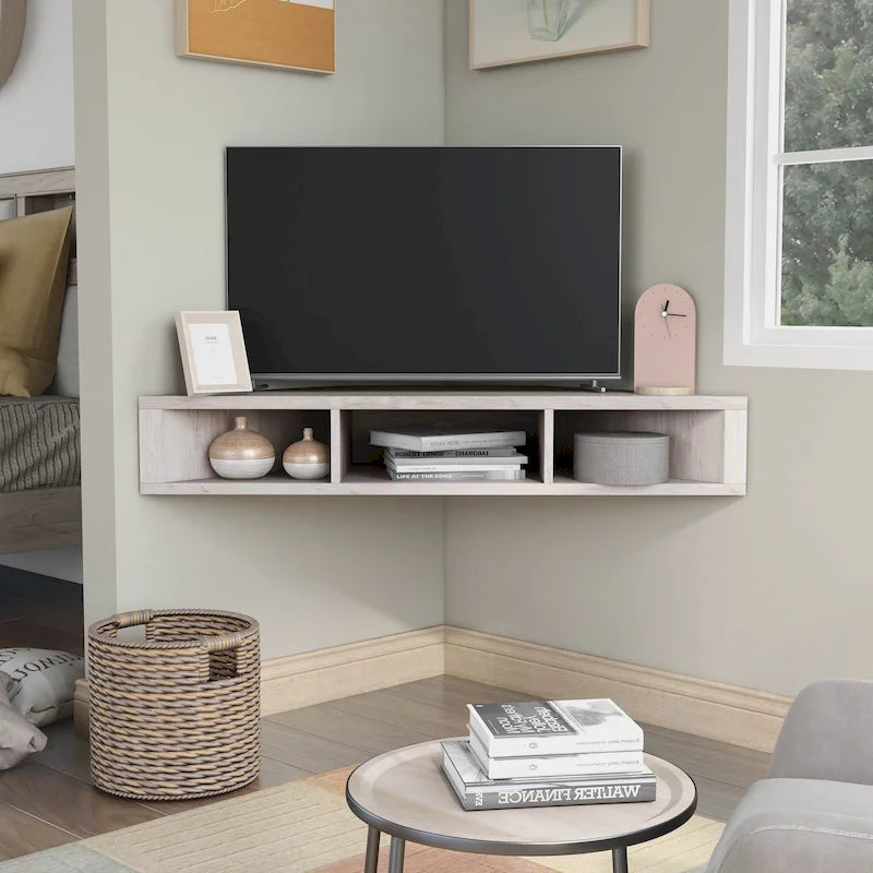 47-Zoll schwebender Eck-TV-Ständer, 3 Ablagen, Übergangsstil, platzsparende Wandmontage