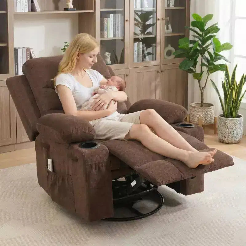 Sillón reclinable mecedor giratorio de 360° extragrande con masaje y calor: silla ergonómica de descanso con portavasos y bolsillos laterales para la sala de estar o el dormitorio infantil