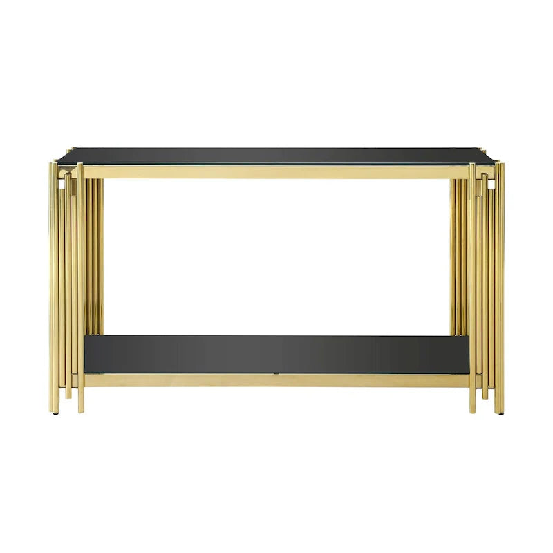 Console étroite à 2 niveaux avec structure en métal finition dorée et plateau en verre trempé