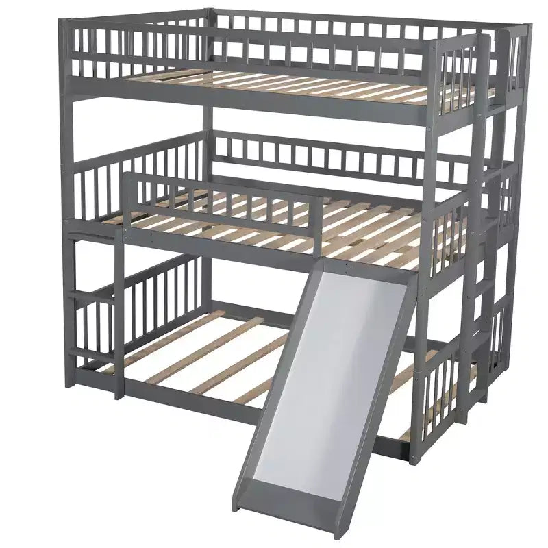 Stapelbed voor drie personen, full-over-full, met ombouwbare ladder en glijbaan, driepersoonsbed met valbeveiliging, wit/grijs/espresso - ModernLuxe