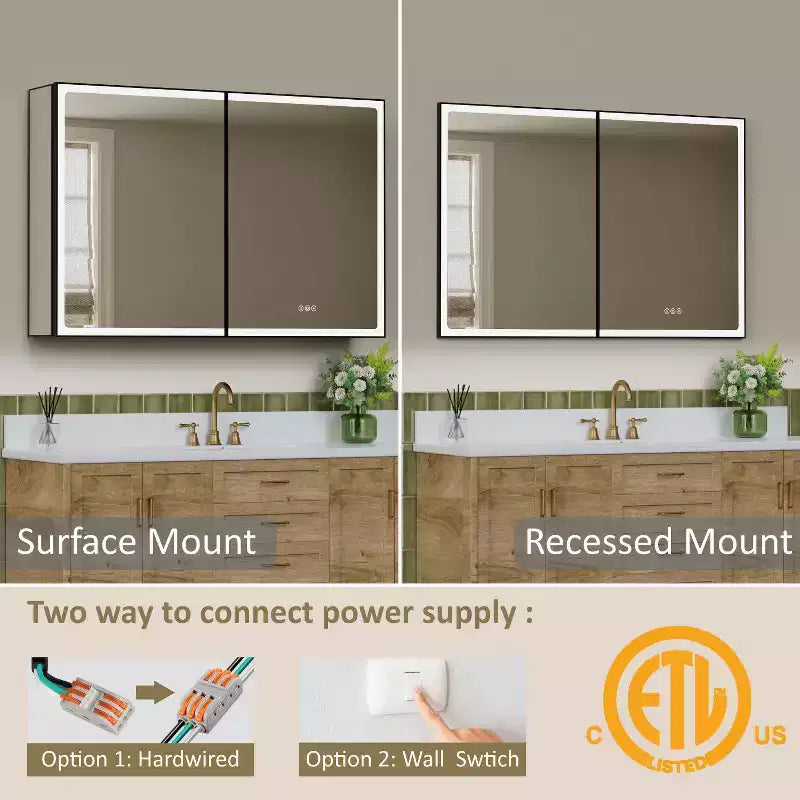 Bathroom Medicine Cabinet with LED Mirror, Surface or Recessed Mount, Dimmable Light, Anti-Fog, Adjustable Shelving