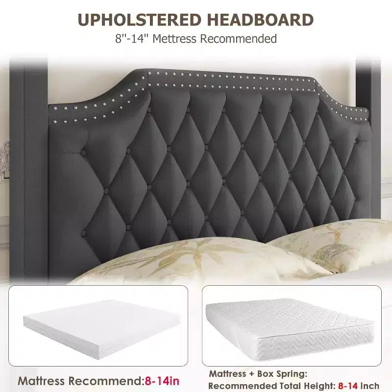 Queen-Size-Himmelbettgestell mit Pfosten, 4-Ecken-Betthalterungen, Lattenrost aus Massivholz, keine Bettfeder erforderlich, geräuschlos