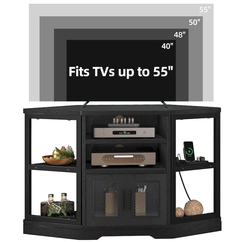 Meuble TV d’angle de style maison de campagne, centre de divertissement et console multimédia pour téléviseurs jusqu’à 55 po, avec prise électrique