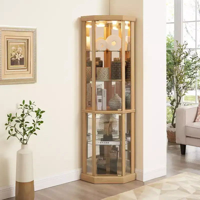 Hoekvitrinekast met glazen deuren en planken, hoekvitrine voor woonkamer