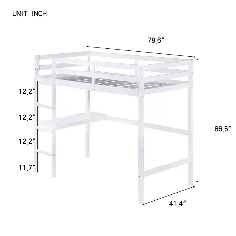 Okak Minimalism Loft Bed with Ladder, Rubber Wood Twin Loft Bed with Safety Guardrail and Build-In Desk, Bed Frames for Kids, Teenagers