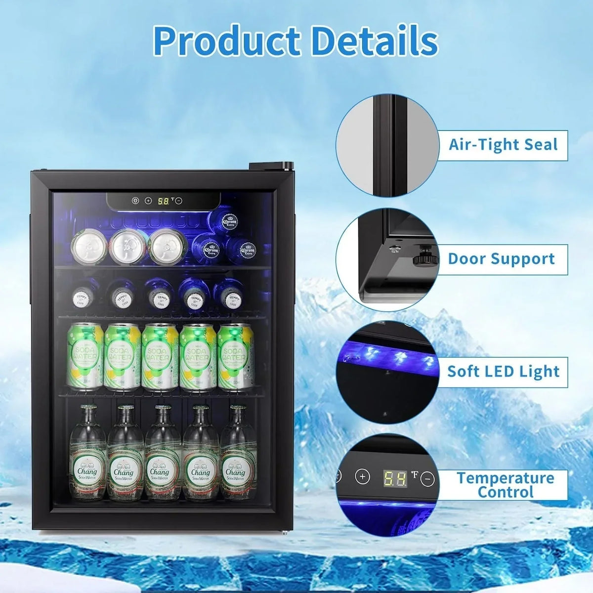 Minikoelkast voor 100 blikjes, drankkoelkast, wijnkoeler, doorzichtige glazen voordeur, klein touchscreen voor dranken - 2,6 cu. ft.