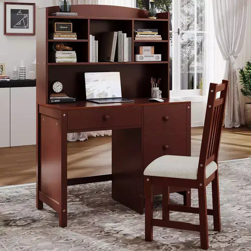 Escritorio de computadora de madera para oficina en casa Okak, con escritorio/silla y estantería, escritorio de estudio y escritura con almacenamiento para adolescentes y estudiantes