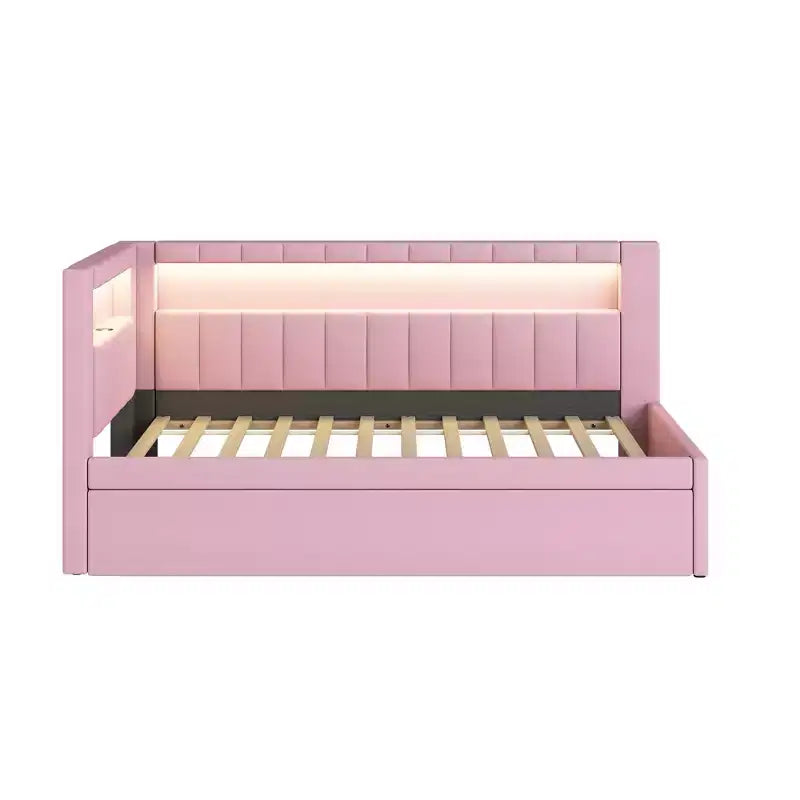 Daybed in Twin-/Full-Größe mit Ausziehbett und L-förmigem Bücherregal-Kopfteil, weiches Eckbett mit Leinenpolsterung, Ablagefächern und LED-Band