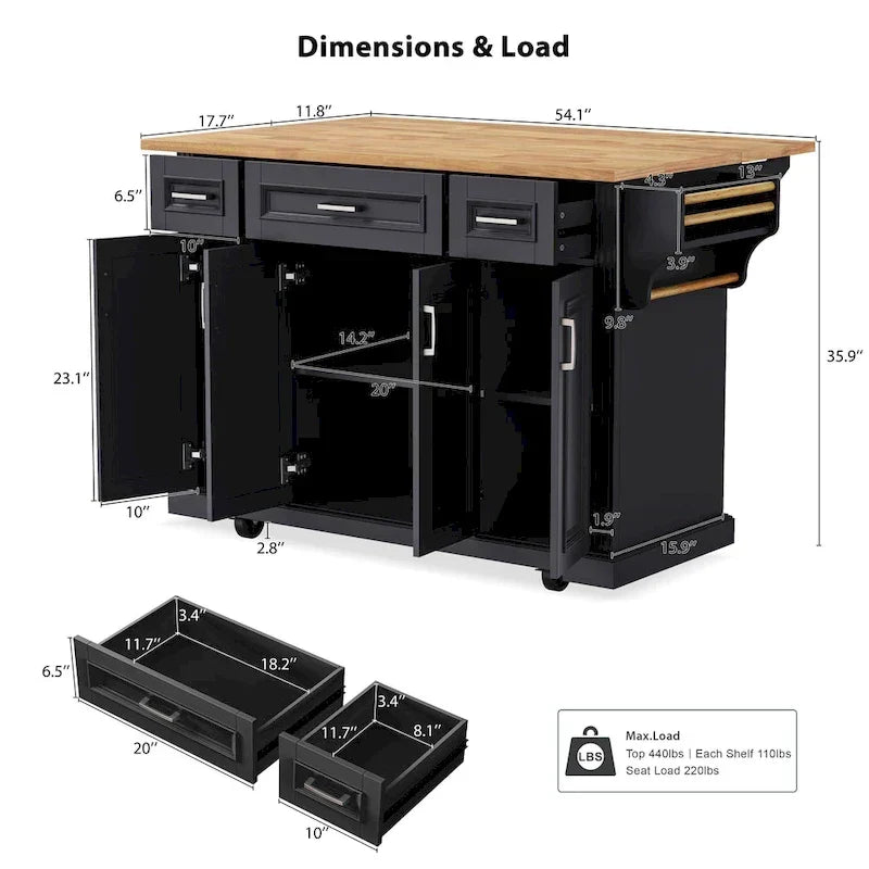 54  Large Kitchen Island with Rubber Wood Drop Leaf, Embossed Texture Rolling Kitchen Cart on 4 Wheels with 4 Doors & 3 Drawers