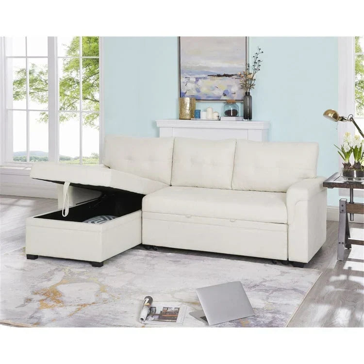Divano componibile reversibile trasformabile con letto estraibile, chaise longue con contenitore nascosto e gambe resistenti
