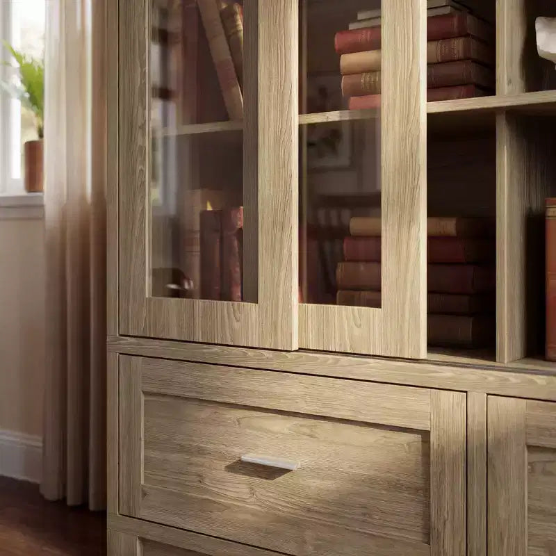 Famapy Vitrine in heller Eichenholzoptik: 160 cm breit, Schiebetüren aus Glas und Schubladenstauraum, geräumiger Organizer für Bibliotheken und Wohnzimmer