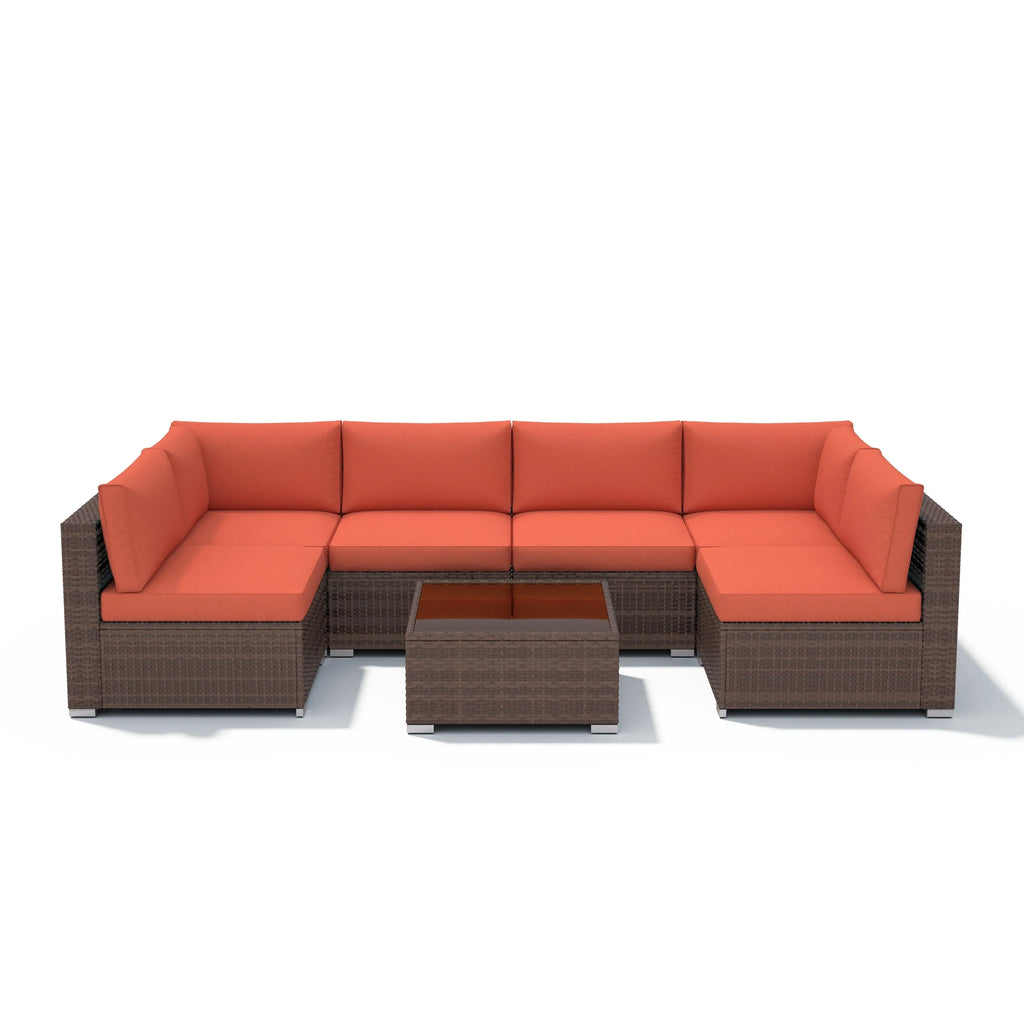 7-teiliges Outdoor-Sitzgruppen-Set aus Korbgeflecht und Stahl mit Polsterung