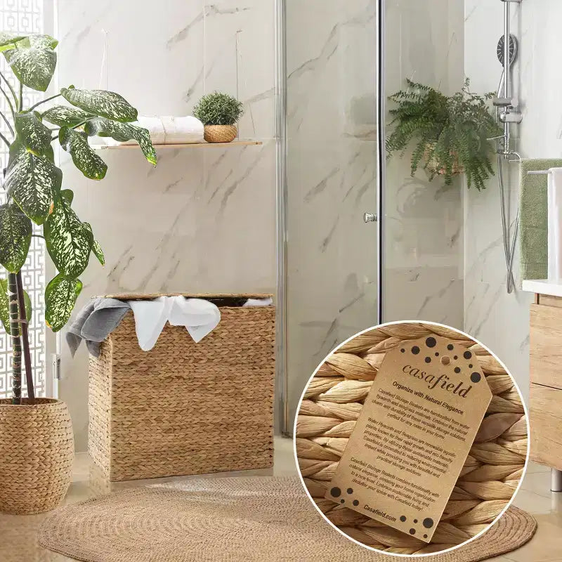Casafield 2-Section Laundry Hamper with Lid and Removable Liner Bags, Woven Water Hyacinth Laundry Basket Sorter for Clothes