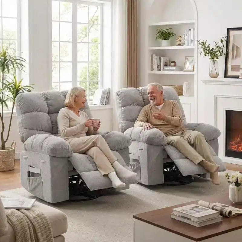Massagesessel mit Wärmefunktion – um 360° drehbarer Schaukelstuhl, übergroßes Einsitzer-Sofa mit Vibration, USB-Anschlüssen und Aufbewahrungstaschen für Wohnzimmer/Schlafzimmer