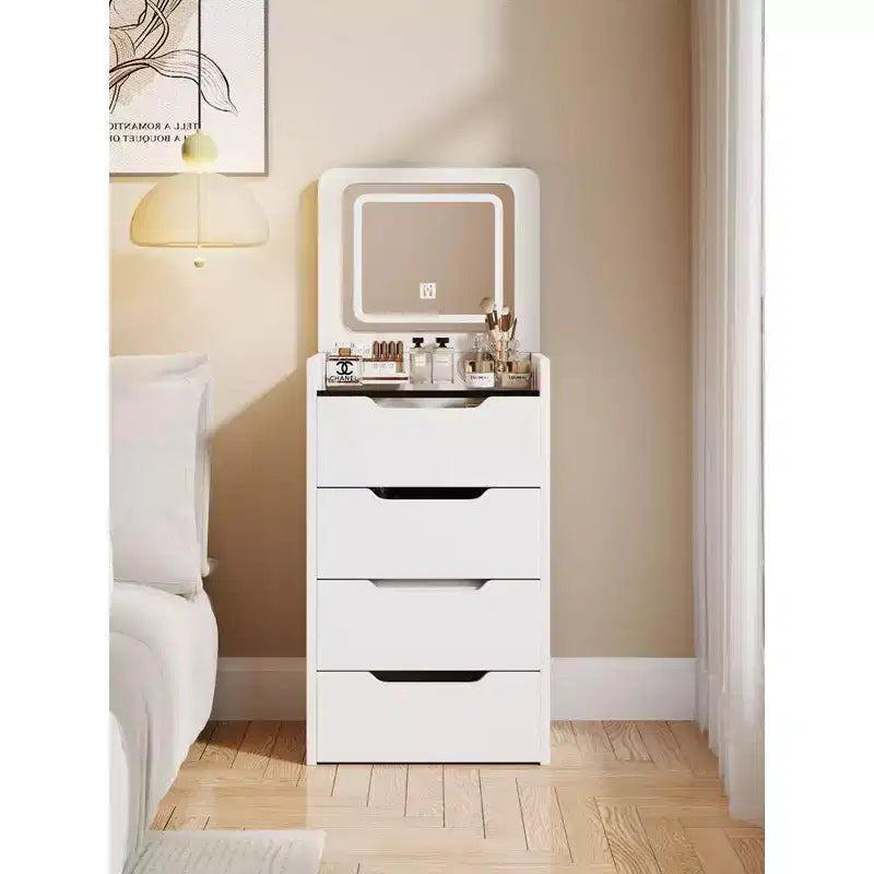 Okak 3-in-1-kaptafel met opklapbare spiegel, compacte kaptafel met zichtbaar glazen blad en gewatteerde kruk, kaptafelbureau voor de slaapkamer