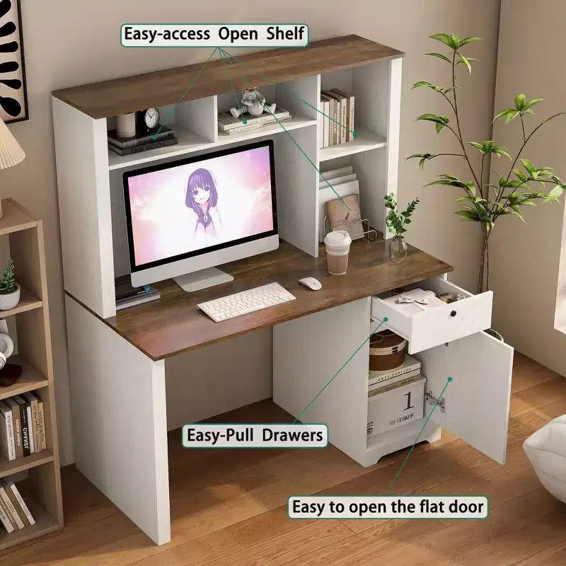 51.18IN Modern Computer Desk with Hutch and Bookshelf, Office Desk with Ample Storage, Writing Desk for Study, Reading Room