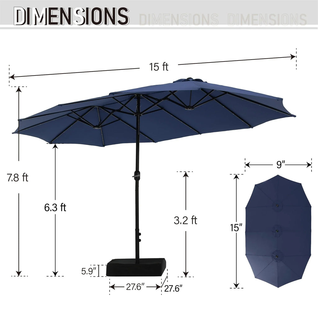 MAISON ARTS rechthoekige dubbelzijdige buitenparasol van 4,57 meter met slinger, zonnelampen en meegeleverde voet
