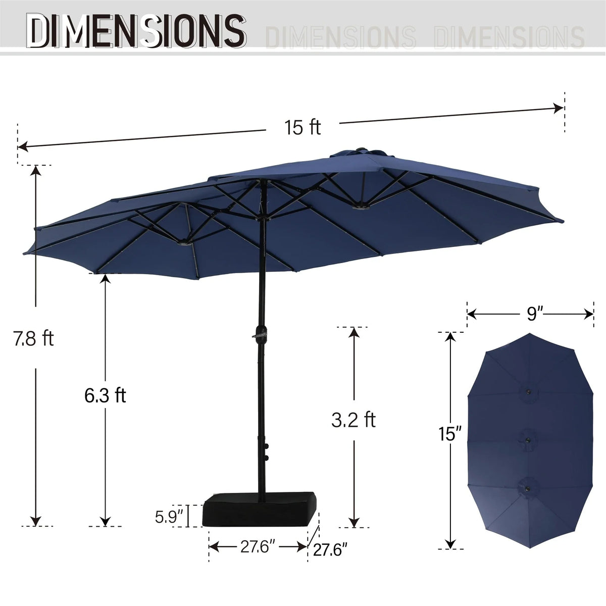 MAISON ARTS rechthoekige dubbelzijdige buitenparasol van 4,57 meter met slinger, zonnelampen en meegeleverde voet
