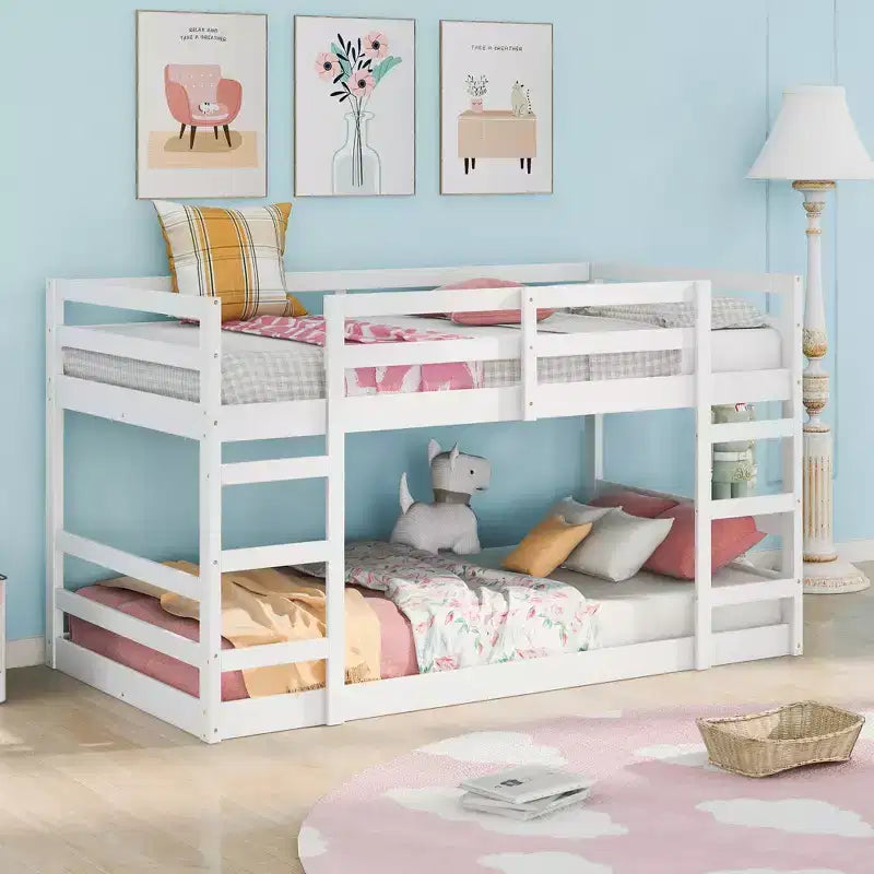 Low Bunk Bed , Wooden Floor Bunk Bed with Ladder, Bunk Bed with Full Guardrails