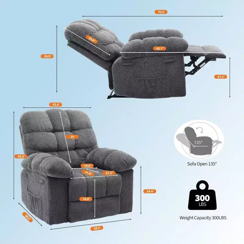 Handmatige relaxfauteuil, ergonomische ademende stoffen fauteuil met zijvakken, eenpersoonsbank, geschikt voor woonkamer en slaapkamer