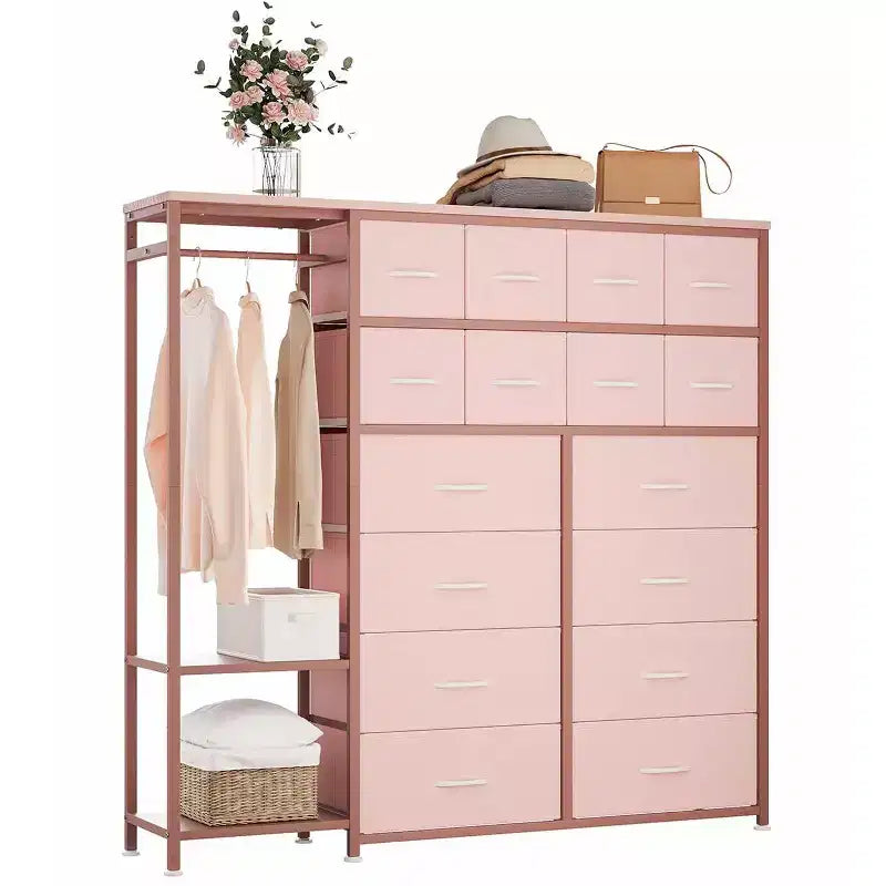 Dresser with 16 Drawers & Hanging Rod & Shelves, Fabric Storage Organizer for Bedroom, Closet, or Entryway