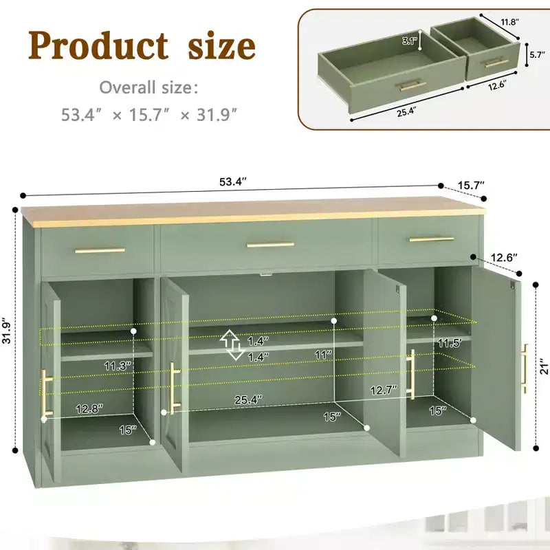 Celebalcony Buffet-Schrank mit Stauraum, 53,4 Zoll großer Küchenschrank mit 3 Schubladen und 4 Türen, verstellbarem Einlegeboden für Küche und Wohnzimmer