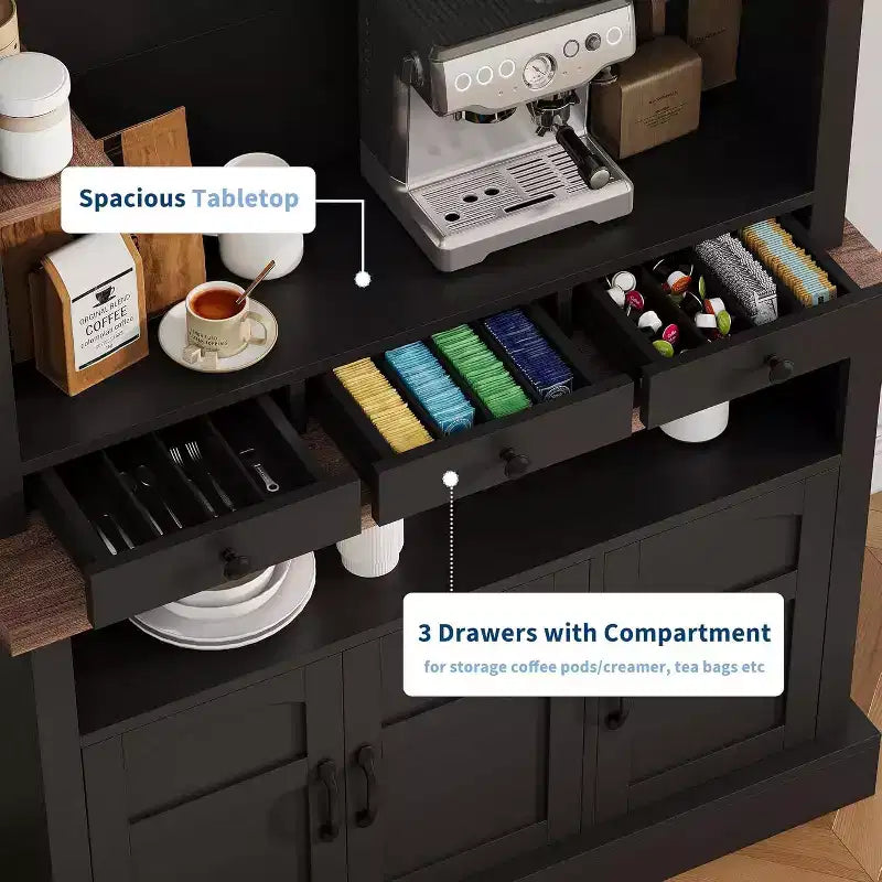 183 cm hoher Kaffeebarschrank im Landhausstil mit LED-Beleuchtung, Küchenbuffet mit Türen und Schublade, verstellbaren Regalböden und geräumigem Stauraum