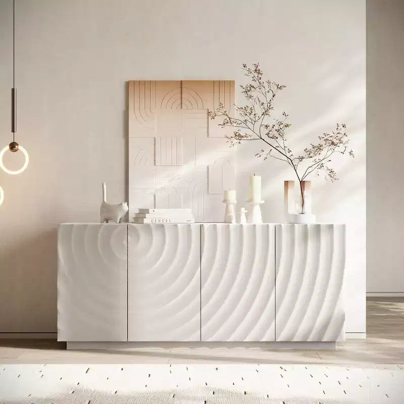 59 moderner Spiralen-Sideboard-Schrank, niedriges dekoratives Aufbewahrungsmöbel für den Eingangsbereich mit Türen in 3D-Wellenoptik
