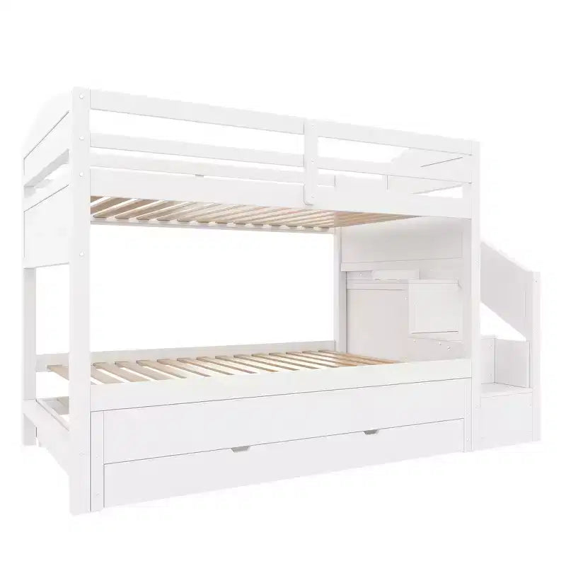 Whisen Twin XL Bunk Bed Frame with Trundle, Bunk Bed with Storage, Bunk Bed with Solid Wood, Storage Staircase, Wardrobe, 3Drawer, for Kids
