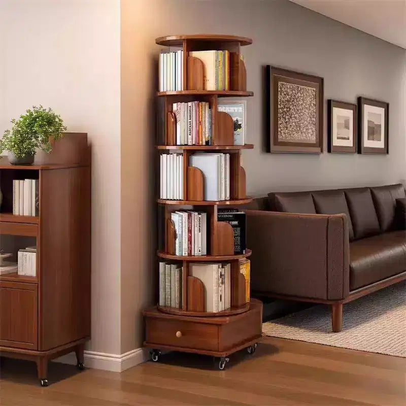 Libreria angolare Chic Crate a 6 ripiani con rotazione a 360° e ruote, libreria stretta per piccoli spazi, marrone noce