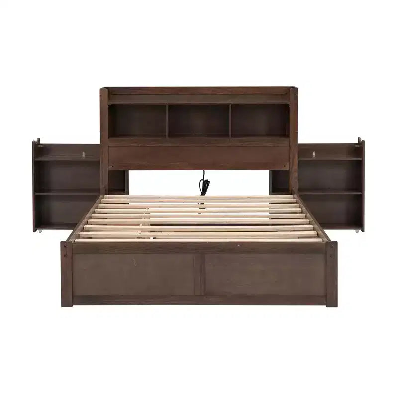 Eenpersoons platformbed met opbergruimte, uitschuifbed, boekenkasthoofdbord en oplaadstation, houten bedframe met planken en laden