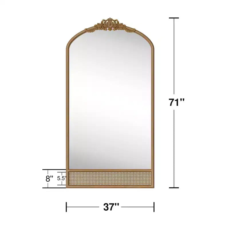 37 in. W x 71 in. H Classic Carved Arch Wood Frame with Rattan Bottom Wall Mirror in Brown