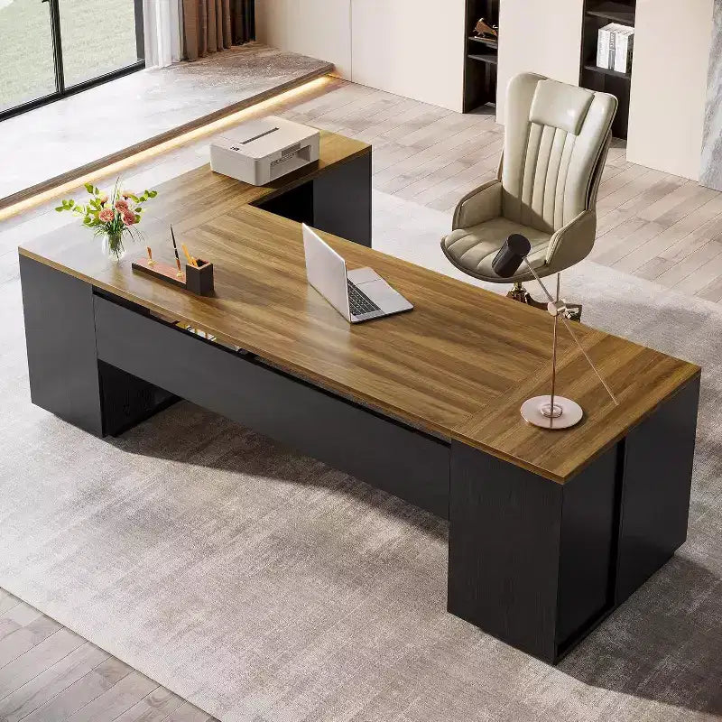 Lantine 85.8 L-Shaped Executive Desk, Extra Large Office Computer Desk with File Drawers for Home Office